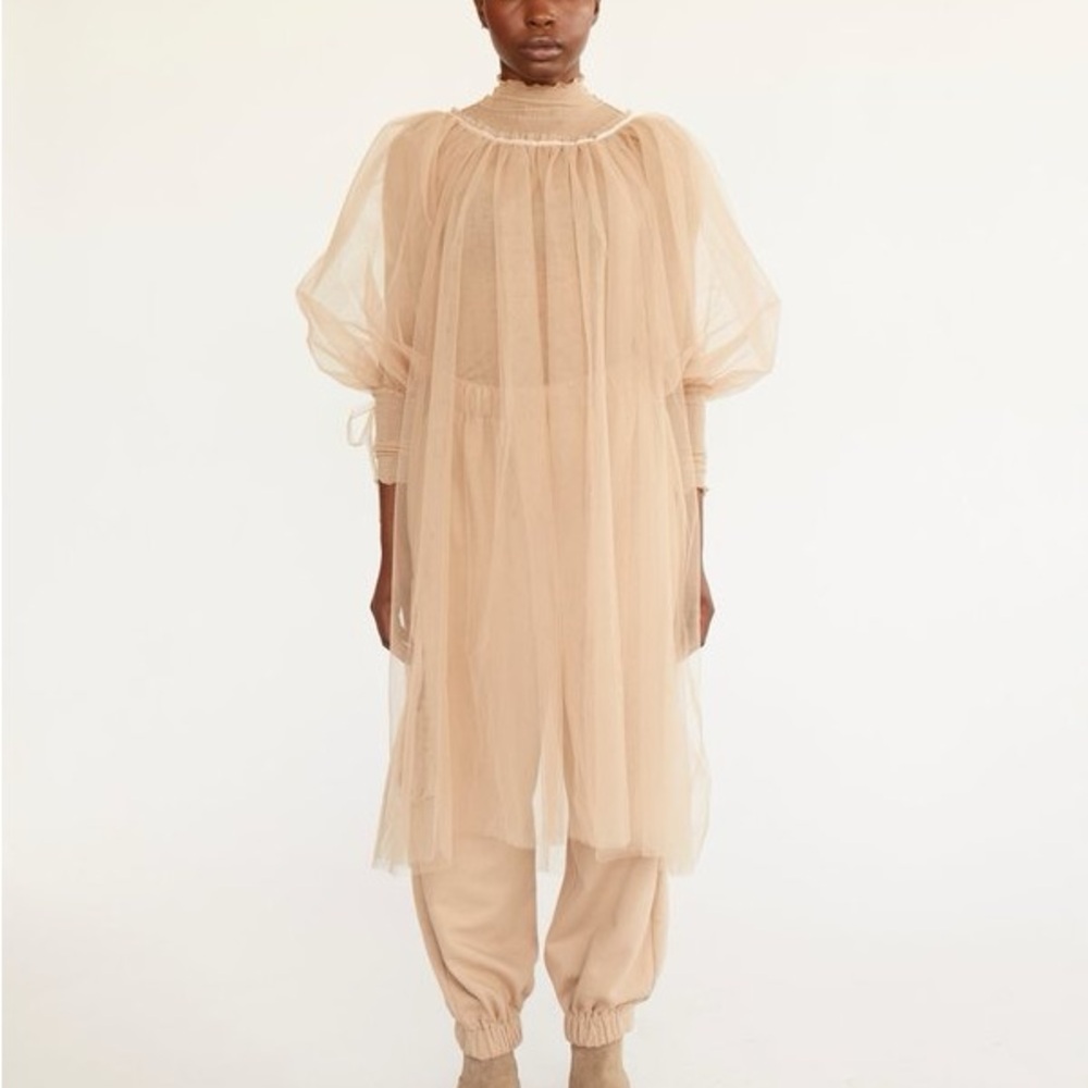 Sheer Beige Tulle Puff-Sleeve Dress